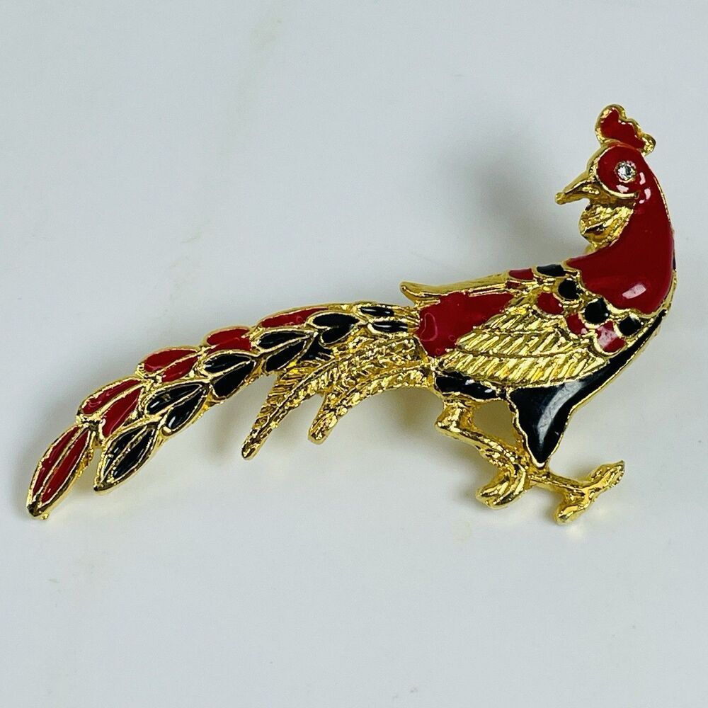 Unmarked Vintage Enamel Rooster Pheasant Bird Brooch Pin 2" Gold Tone Red Black